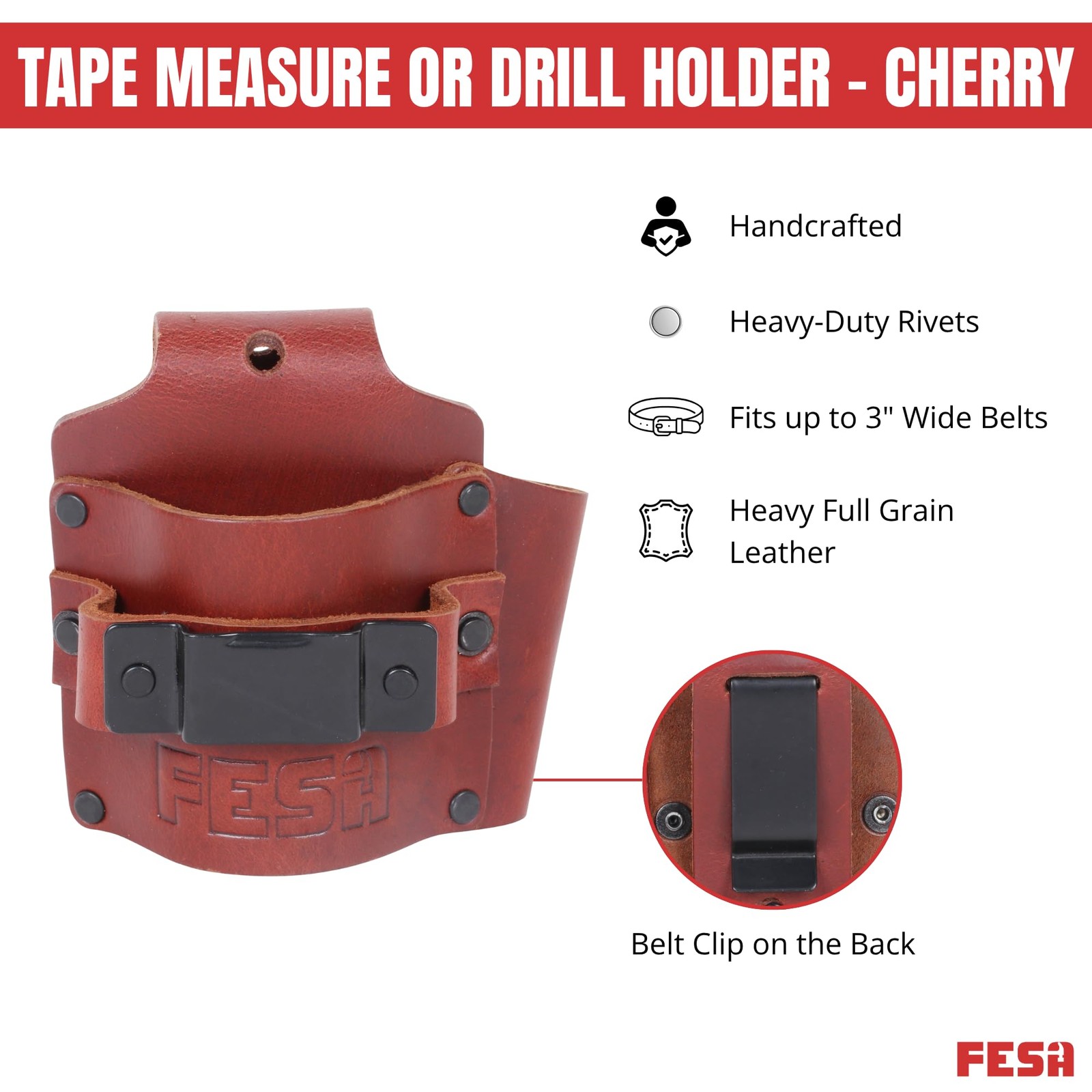 Leather Tape Measure Holder – Tape or Drill Holder for Tool Belt with Steel C…