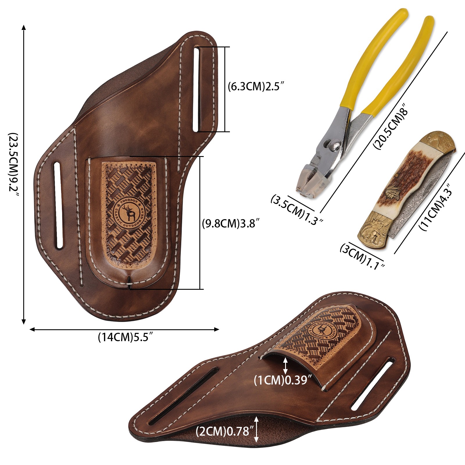 TOURBON 2-in-1 Leather Tool Pouch Angled Cross Draw Folding Knife Pliers Holster