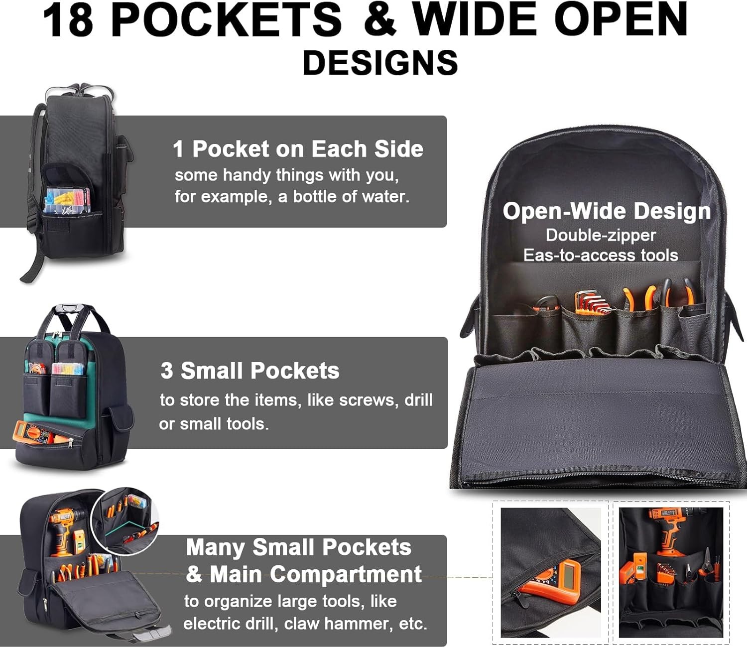 Tool Backpack Men 18 Inch Heavy Duty Waterproof Multiple Pockets Tool Bag