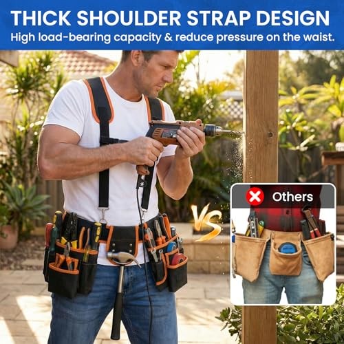 Tool Belt with Suspenders, 18-Pocket Combo Harness System with Orange-black