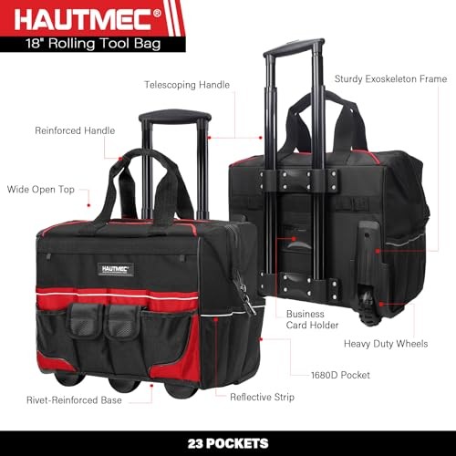 18″ Black Heavy-Duty Water-Resistant Tool Bag with Wheels – 18″ Rolling Tool Bag