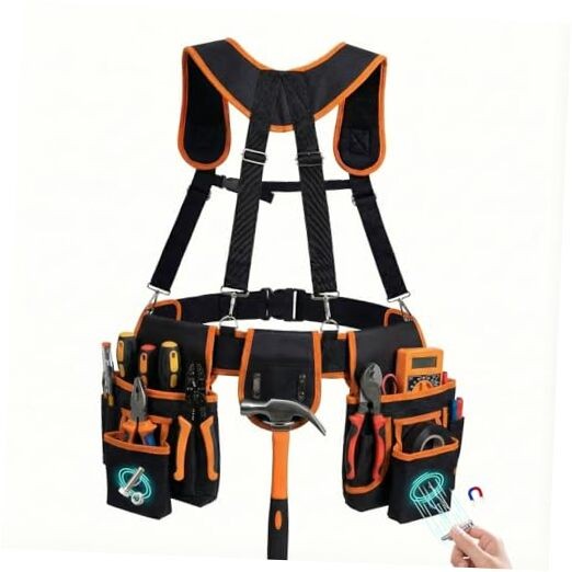 Tool Belt with Suspenders, 18-Pocket Combo Harness System with Orange-black