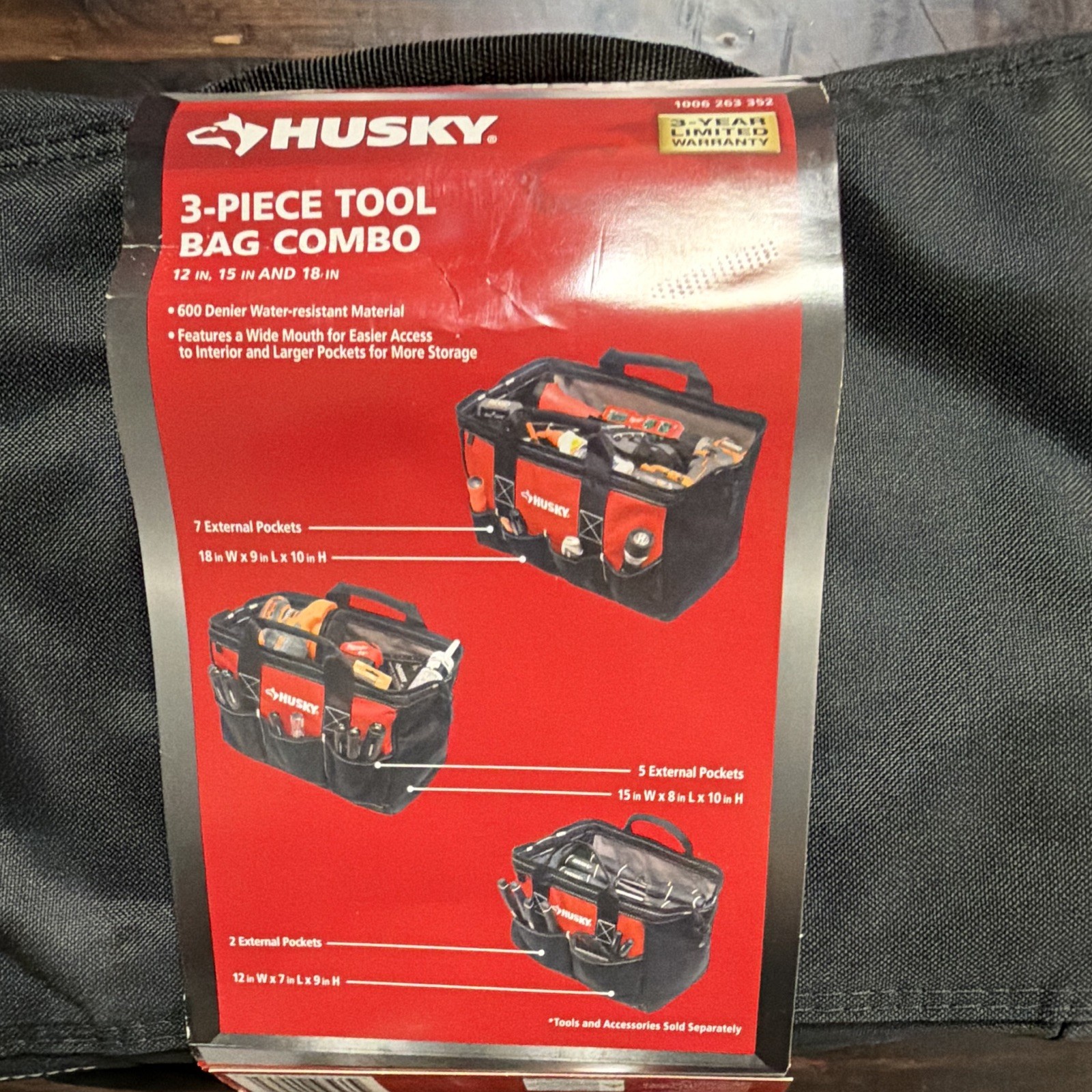 Husky 3-Piece 600D Water-Resistant Tool Bag Set 12/15/18 in Black/Red