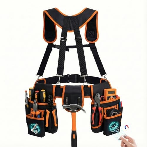 Tool Belt with Suspenders, 18-Pocket Combo Harness System with Orange-black
