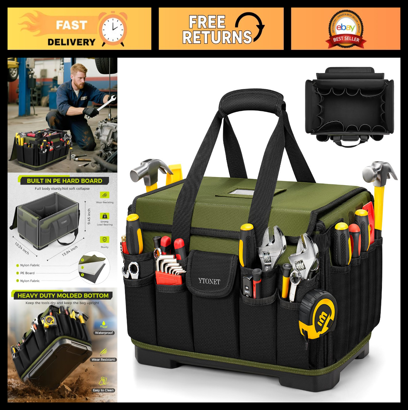 16″ Heavy Duty Tool Bag – 46 Pockets, Waterproof, Hard Bottom, HVAC Organizer, G