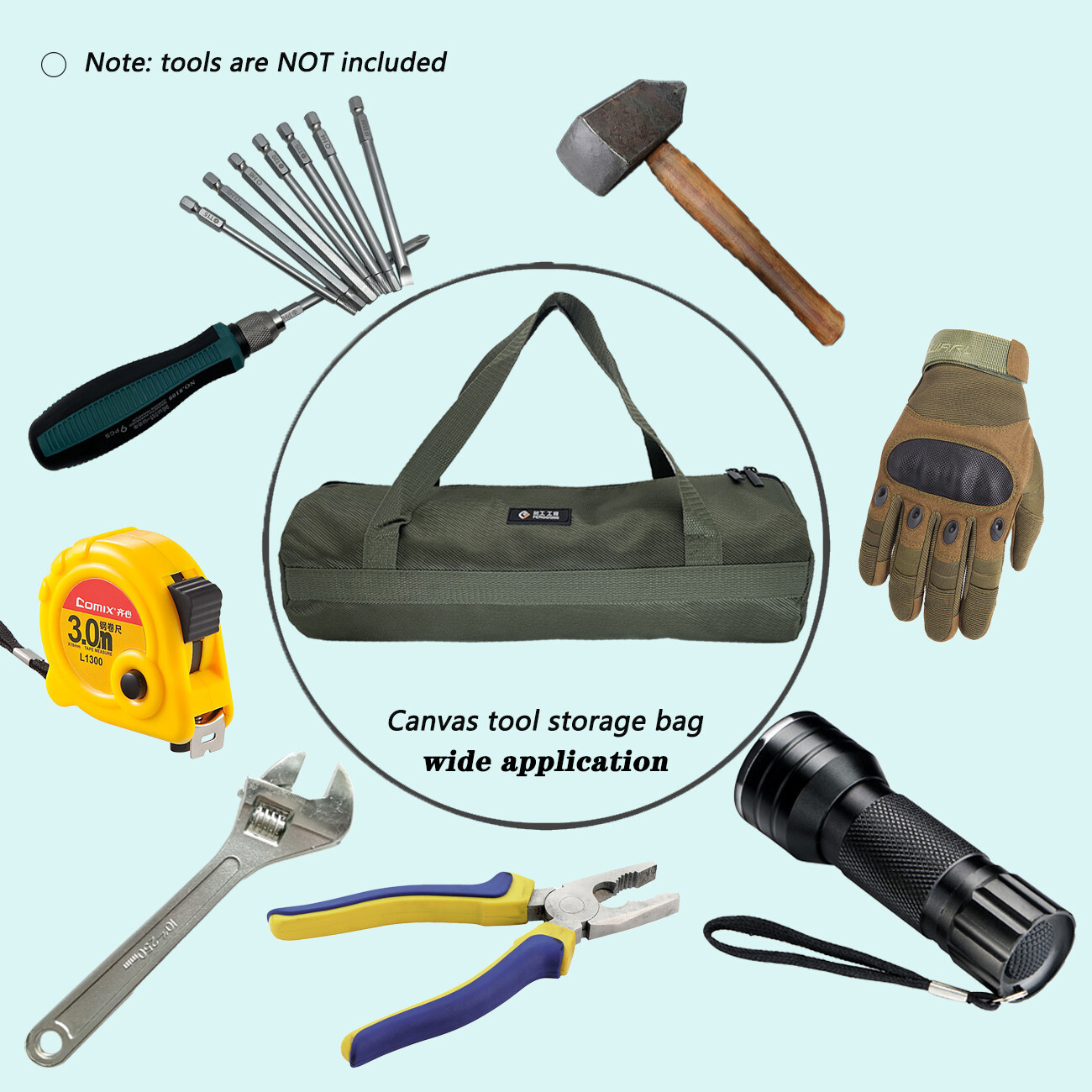 16 inch Green Tool Bag with Zippers Quick storage Canvas for home 15.75×5.12in