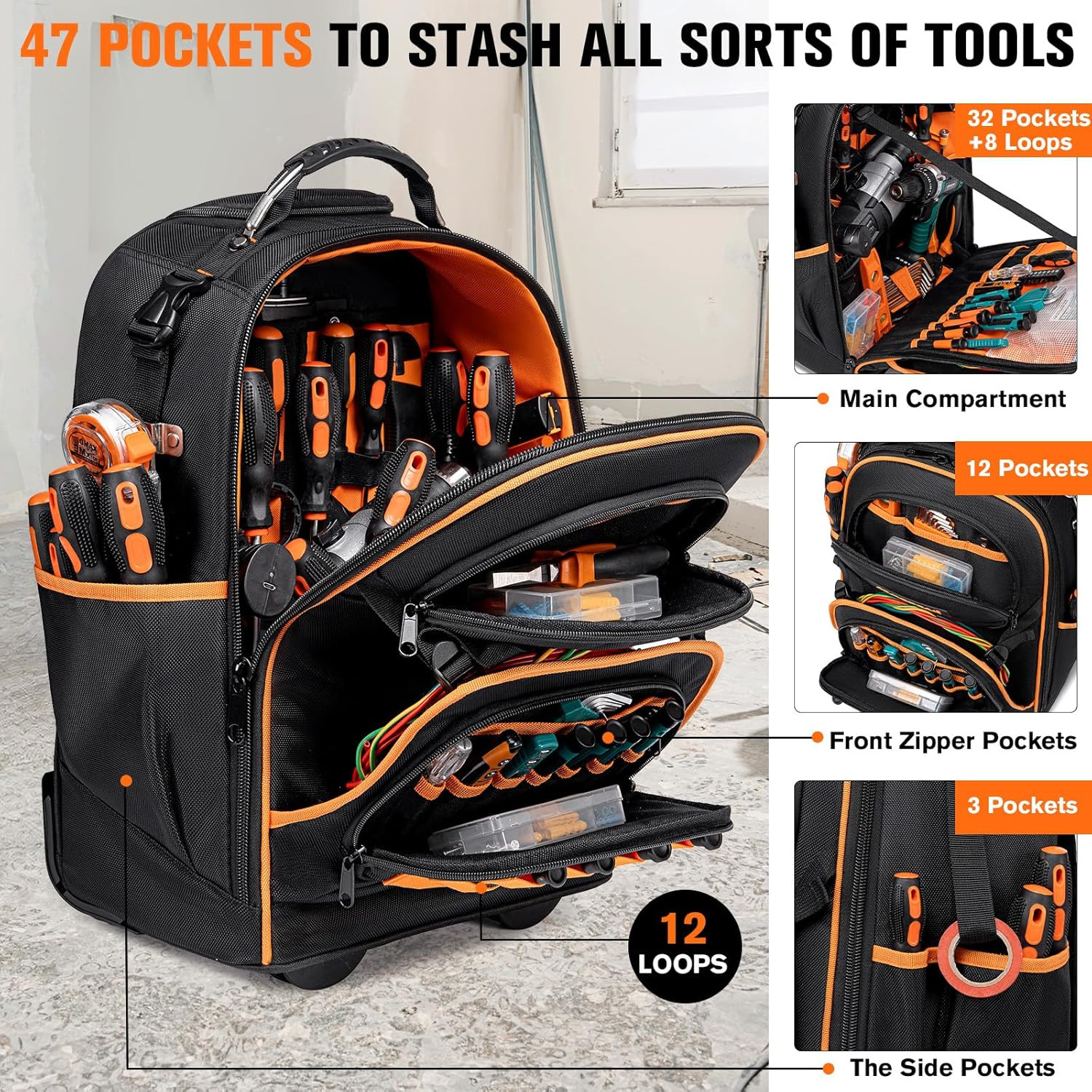 Durable 2-in-1 Rolling Tool Backpack with 47 Pockets & Smooth Wheels