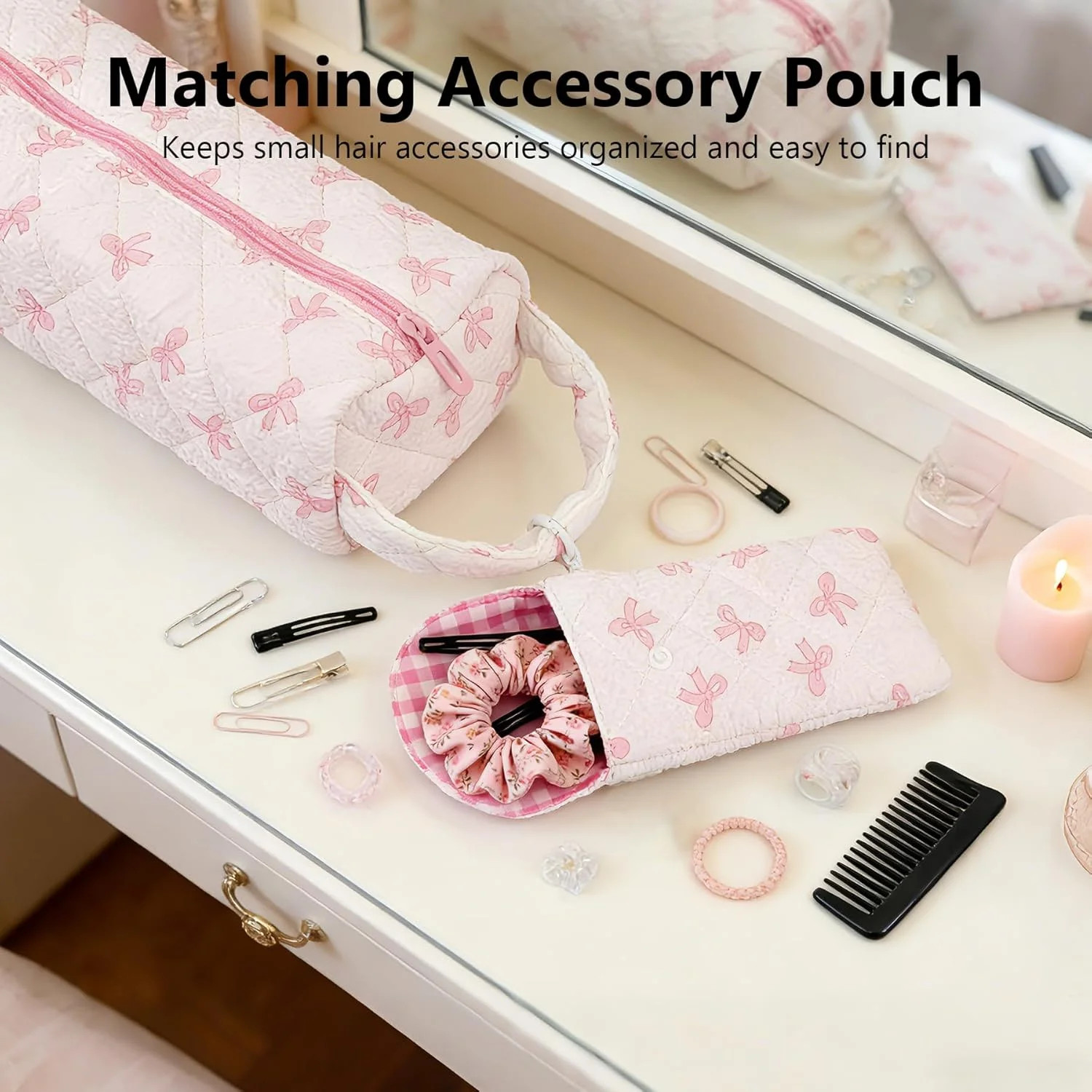 Hair Tool Bag with Matching Small Pouch, Pink Bow Quilted Hair Tools Travel Bag,