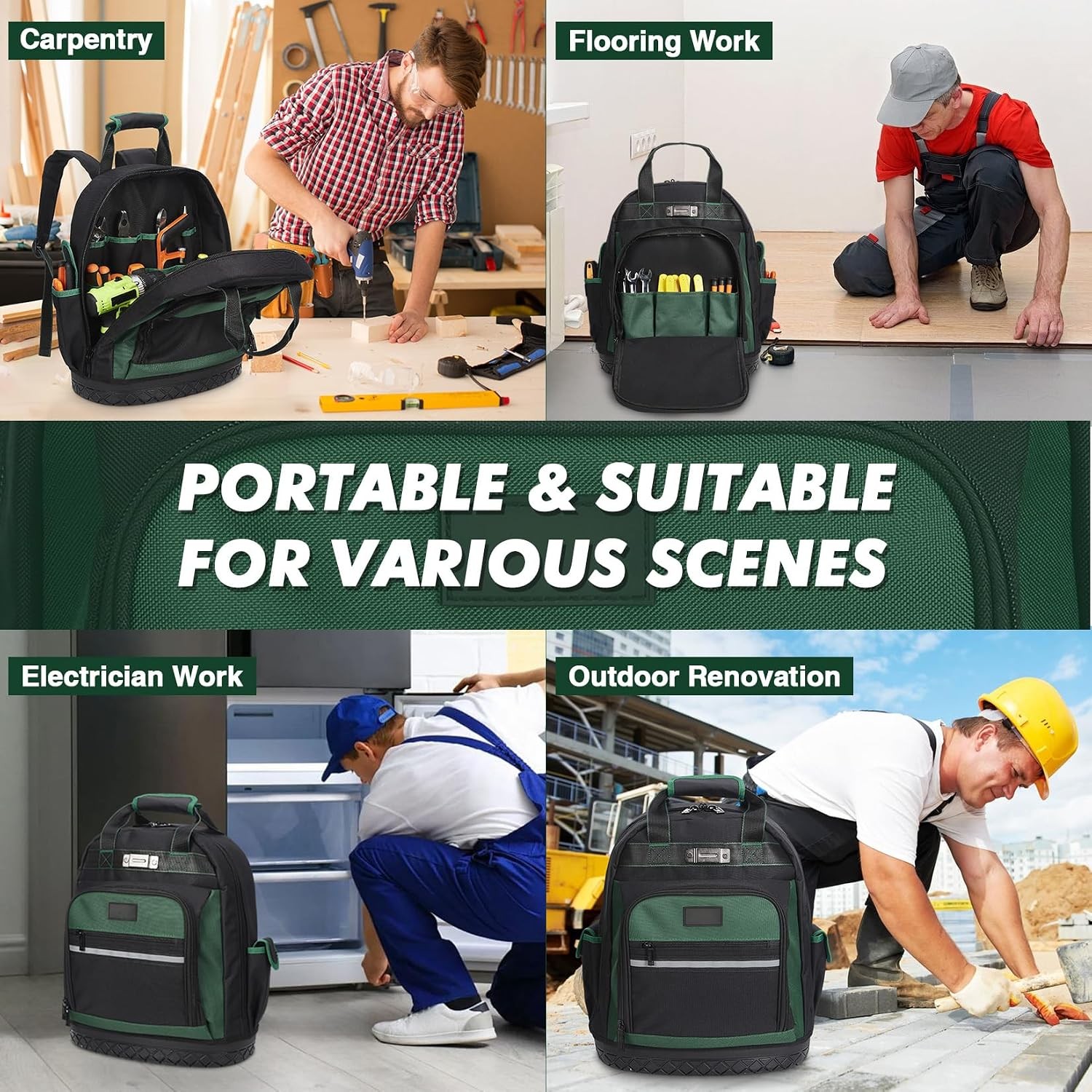 Tool Backpack 17in Oxford Curved Hard Base Large Capacity Shockproof Ergonomic
