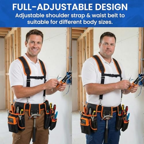 Tool Belt with Suspenders, 18-Pocket Combo Harness System with Orange-black