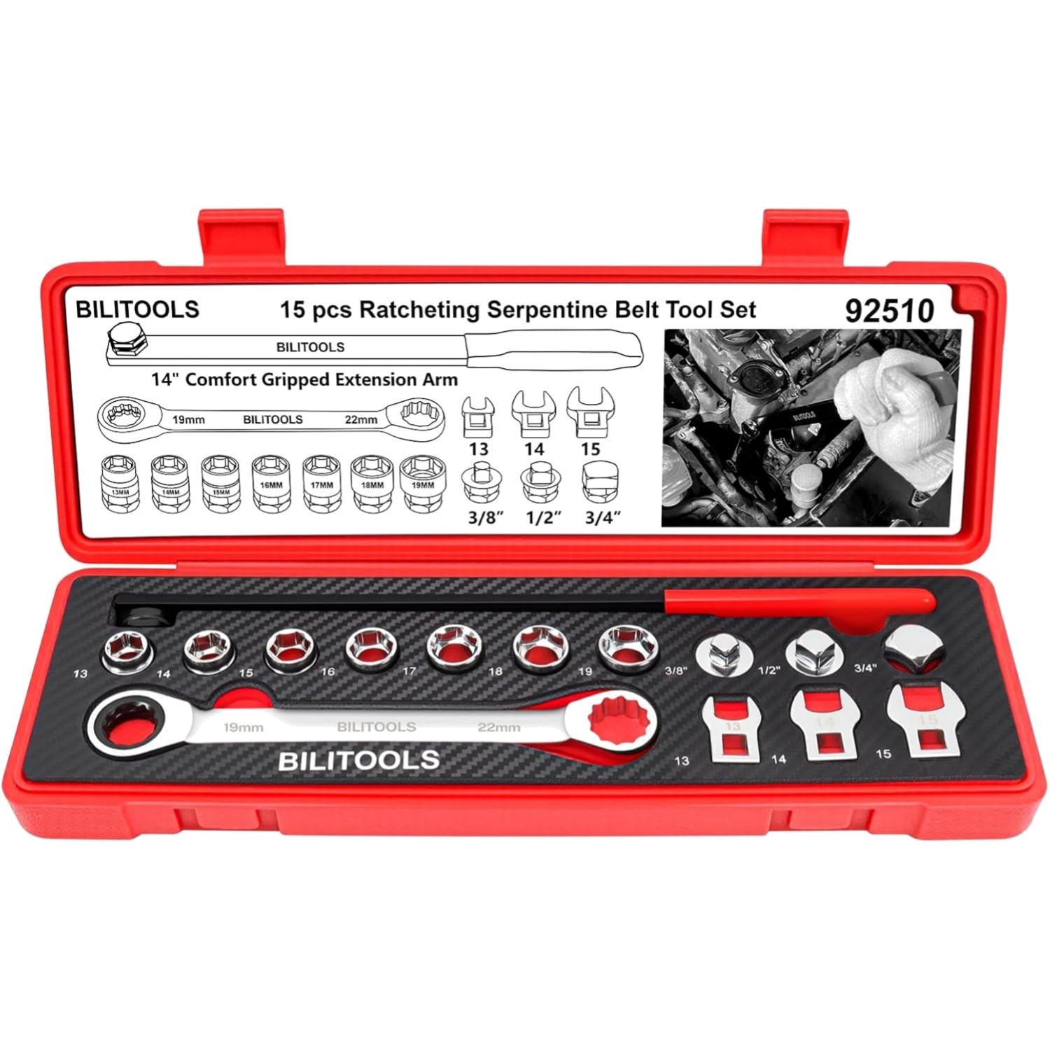 Bilitools 15-Piece Carbon Steel Serpentine Belt Kit with Sockets & Wrenches