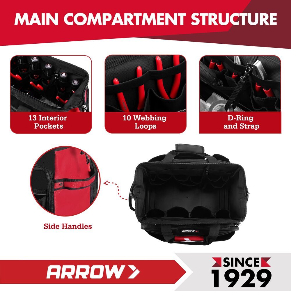 ARROW 17″ Large Heavy Duty Tool Bag Zippered Wide Open Mouth Toolbag w/36 Pocket