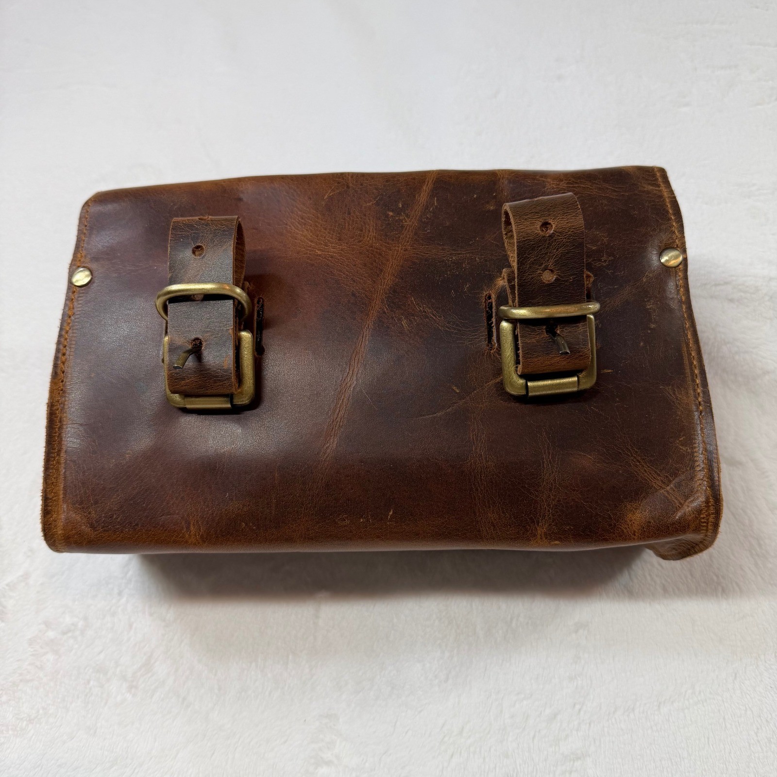Unbranded Leather Handlebar Tool Bag Brown Good Distressed Buckle Moto Accessory