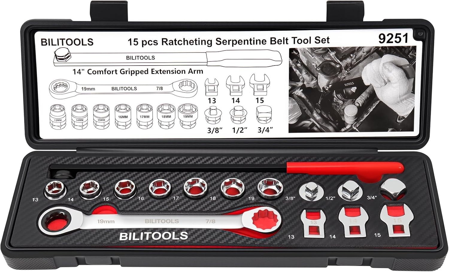 15-Piece Carbon Steel Serpentine Belt Tool Set with Ratcheting Wrench & Adapters