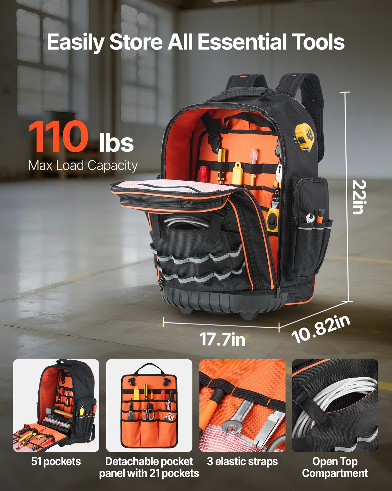 VEVOR Rolling Tool Backpack 72 Pockets Heavy Duty Roller Tool Bag on Wheels