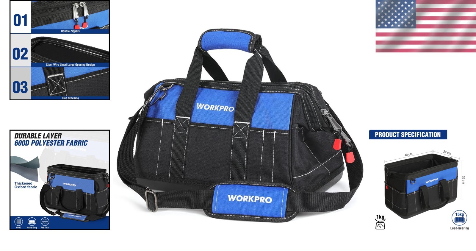 16-Inch Wide Mouth Waterproof Tool Bag with Padded Handle – Organized & Durable
