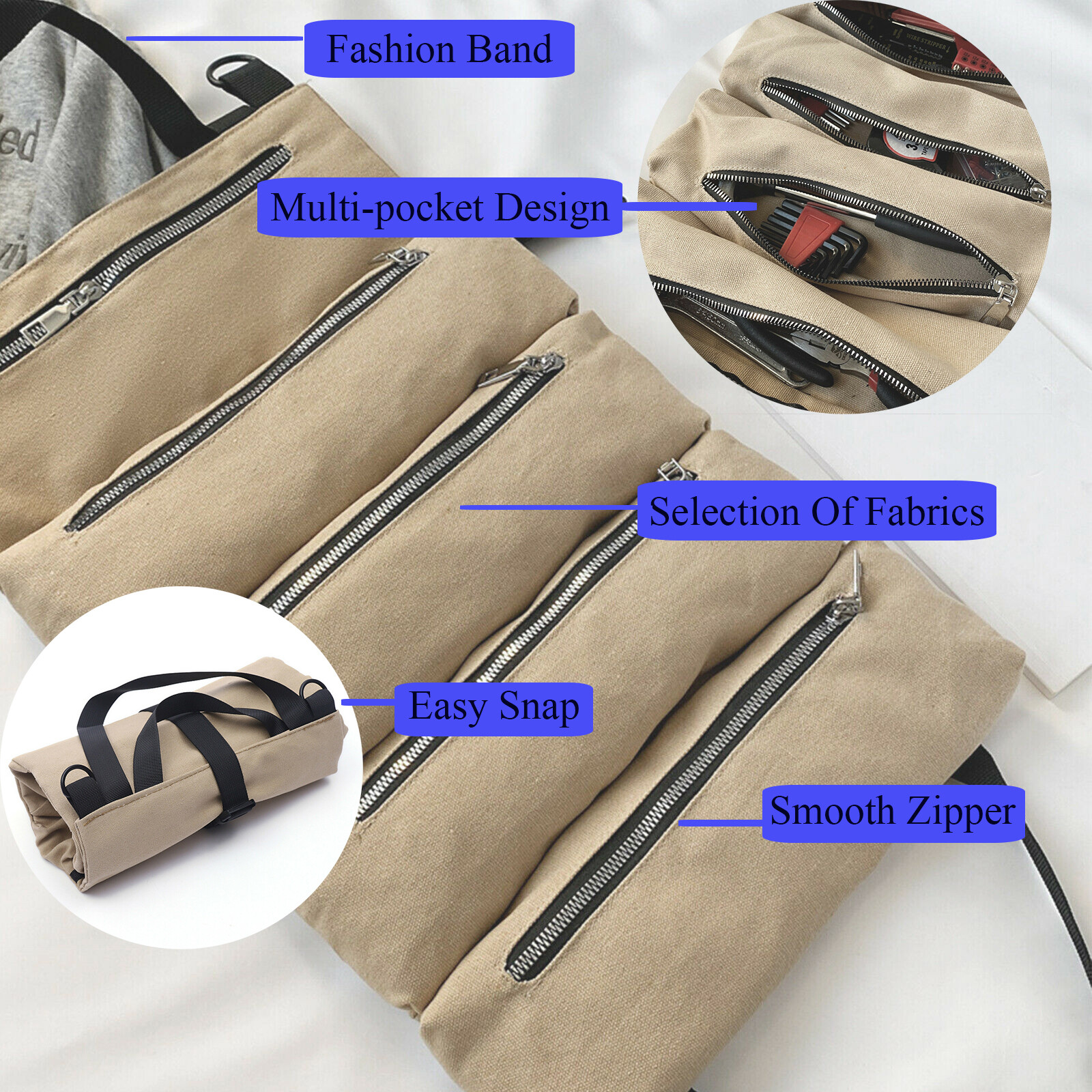 Folding Canvas Bag Roll Up Tool Pouch Roll Storage Case Waterproof Camping Gear