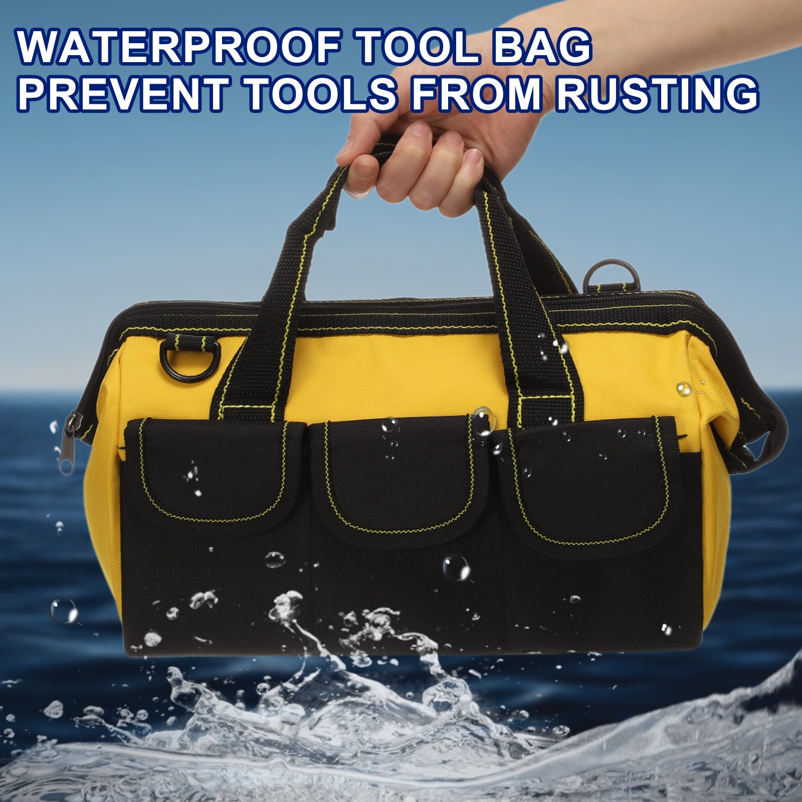 Wide Mouth Tool Bag 12.2 Inch Tote Bag with Adjustable Strap, Blue-black
