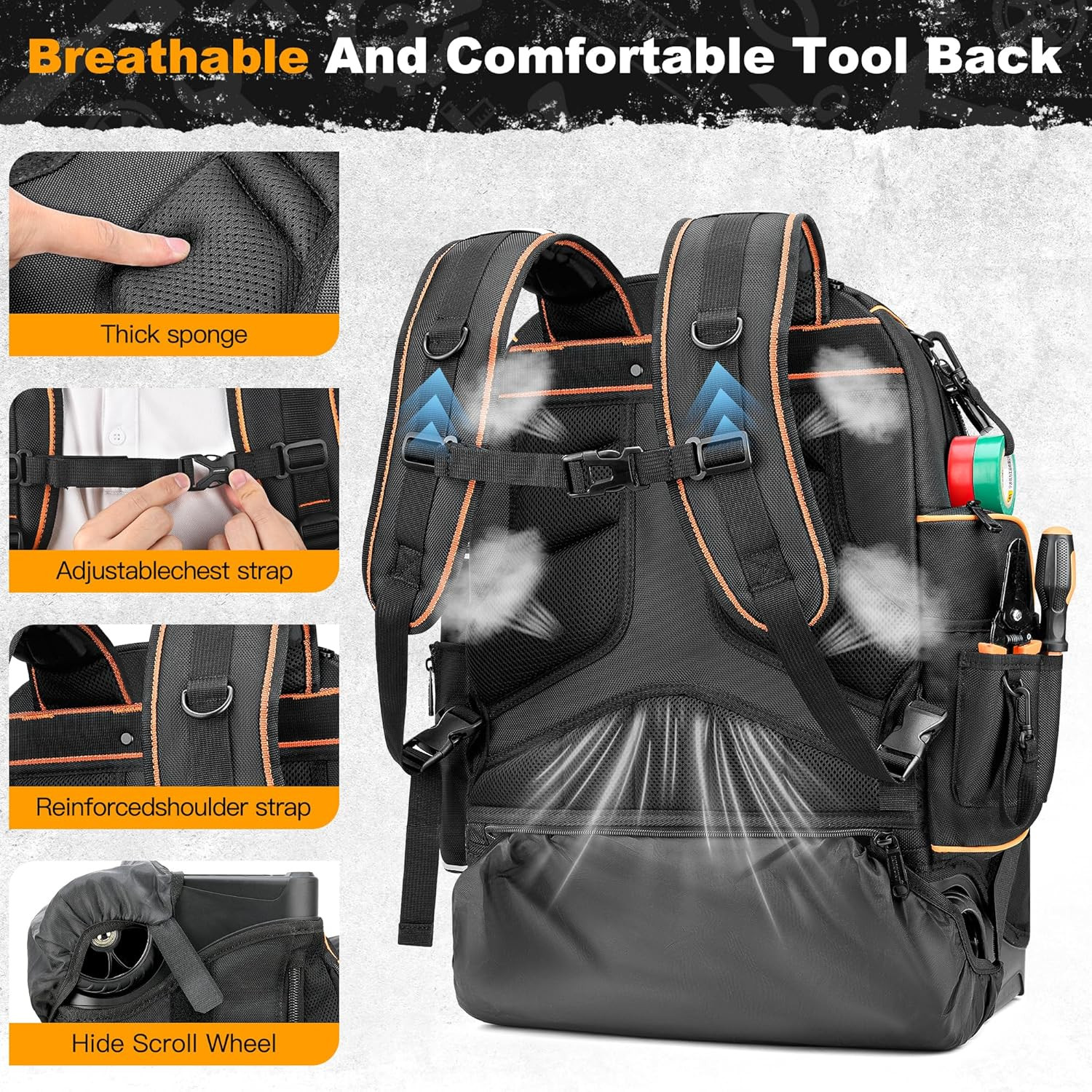 Heavy Duty Rolling Tool Backpack with Wheels & USB Port for Pros