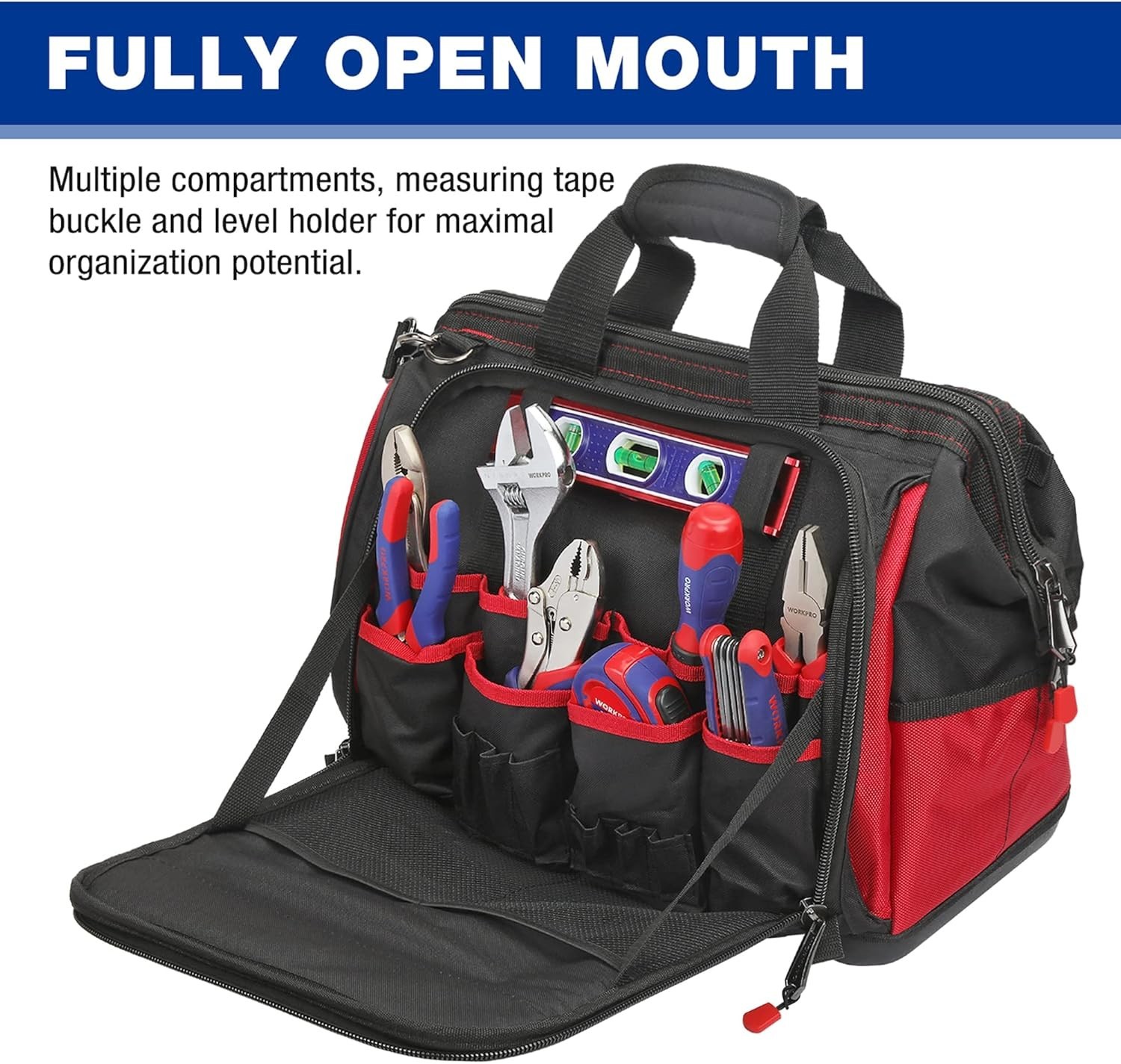 16″ Top Wide Mouth Tool Bag with Water Proof Rubber Base, Multi-Compartment, …