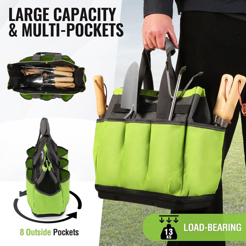 WORKPRO Garden Tool Bag Tote 8-Pocket Heavy Duty Caddy w/Waterproof Plastic Base