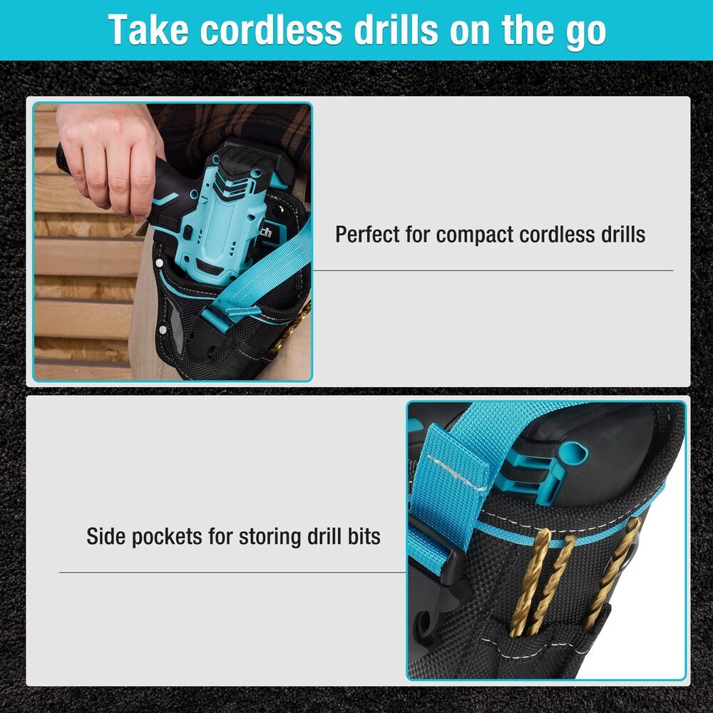 DuraTech Drill Driver Holster Drill Holder w/Holder Strap Side Bit Pocket Buckle