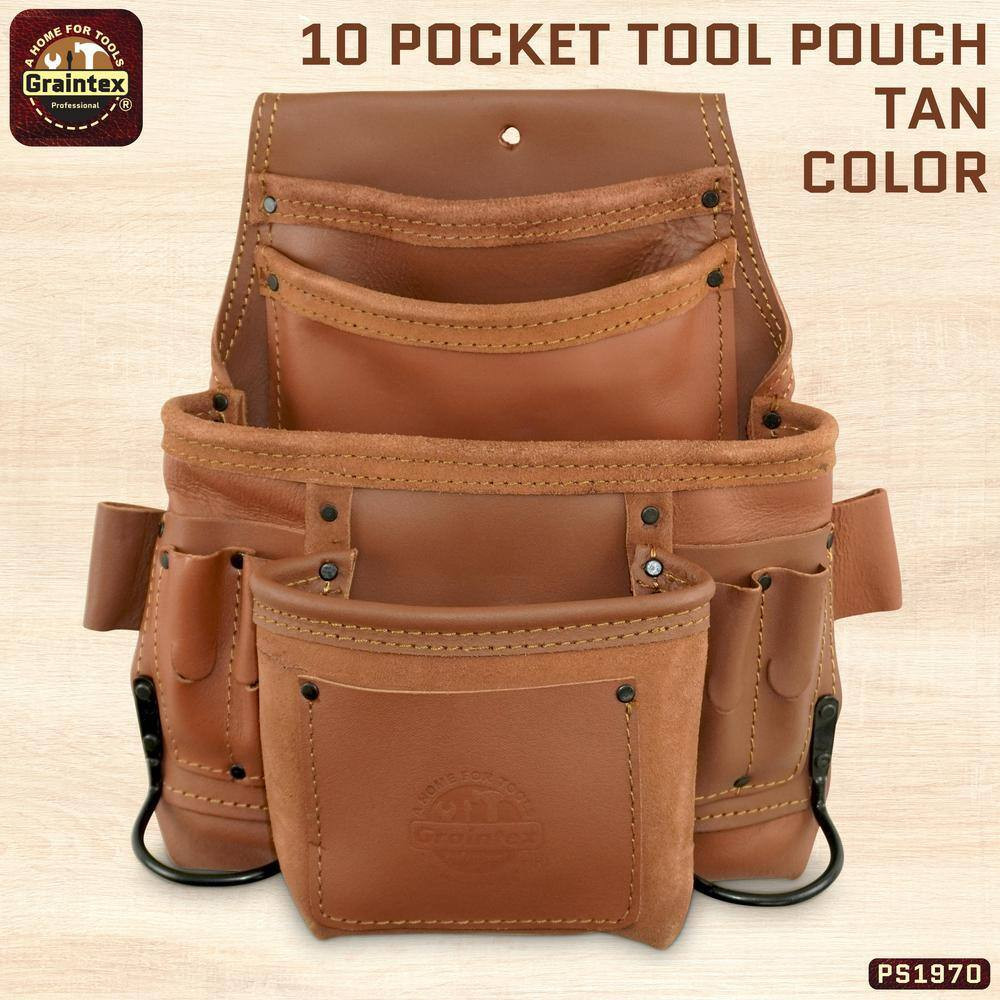 10-Pocket Nail and Tool Pouch Tan Color Industrial Grade Leather W/2 Hammer Hold