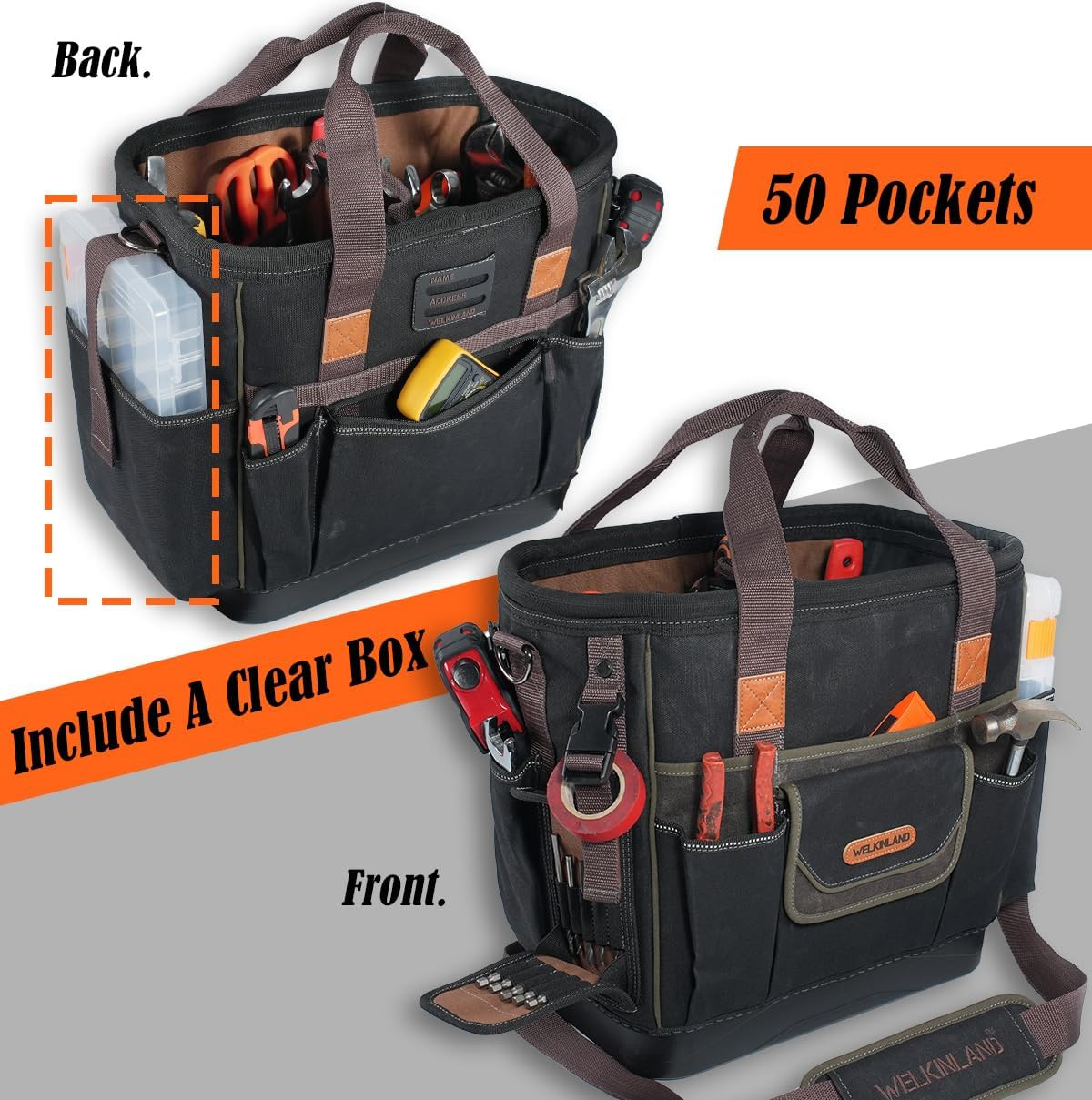 WELKINLAND 50-Pocket Electrician Tool Tote, 14″ Hard Bottom Tool Bag, Waxed-Canv