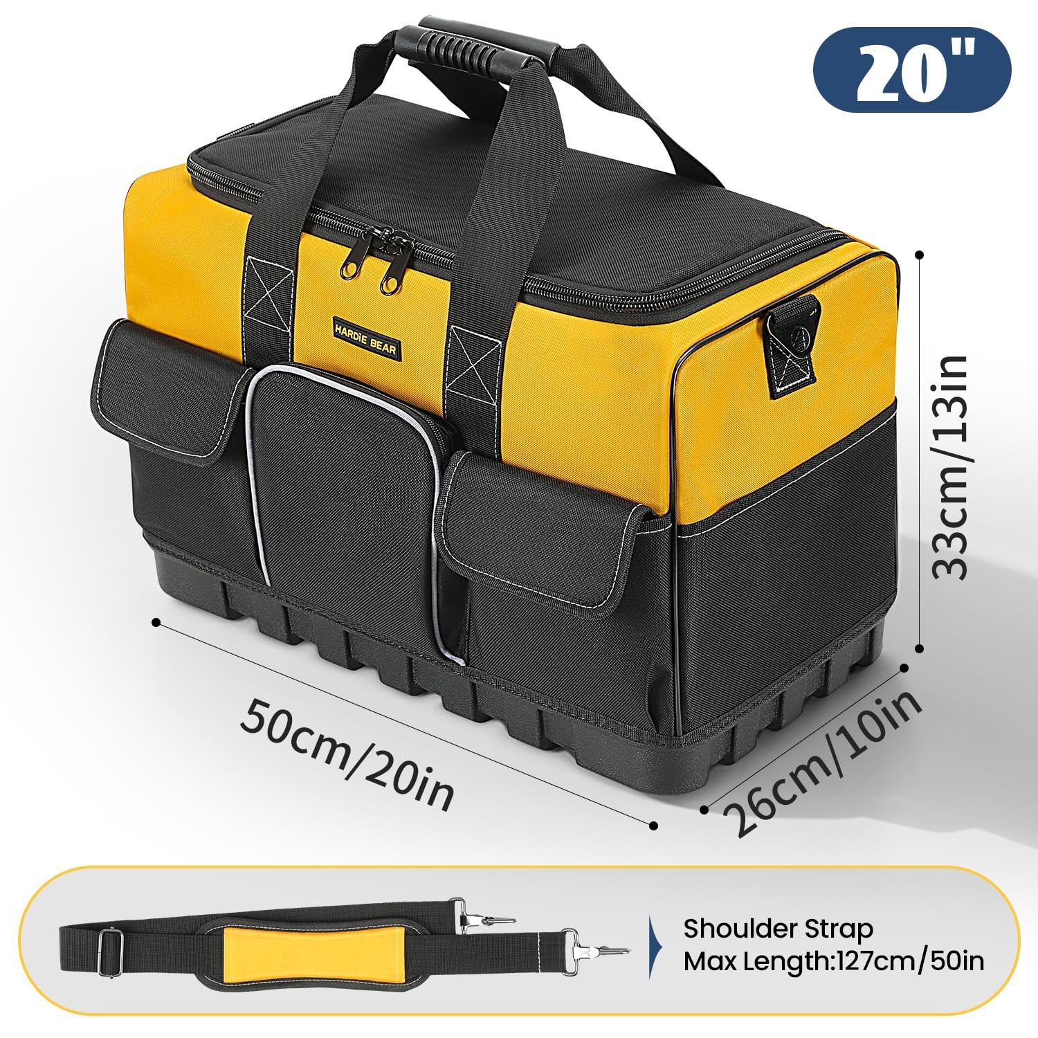20 Inch Tool Bag Yellow Black Organizer 17 Pockets Wide Mouth Reinforced Base