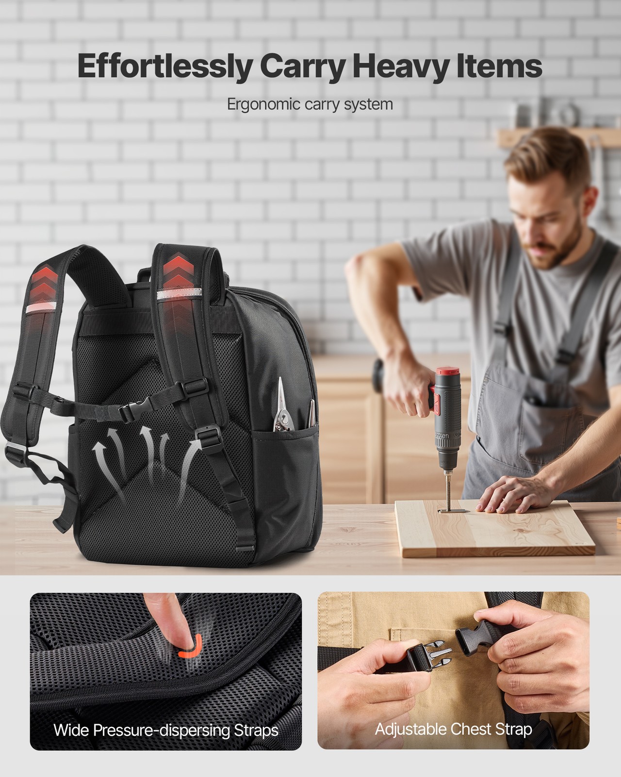 VEVOR Tool Backpack 49 Pockets Tear-resistant Jobsite Backpack for Electrician