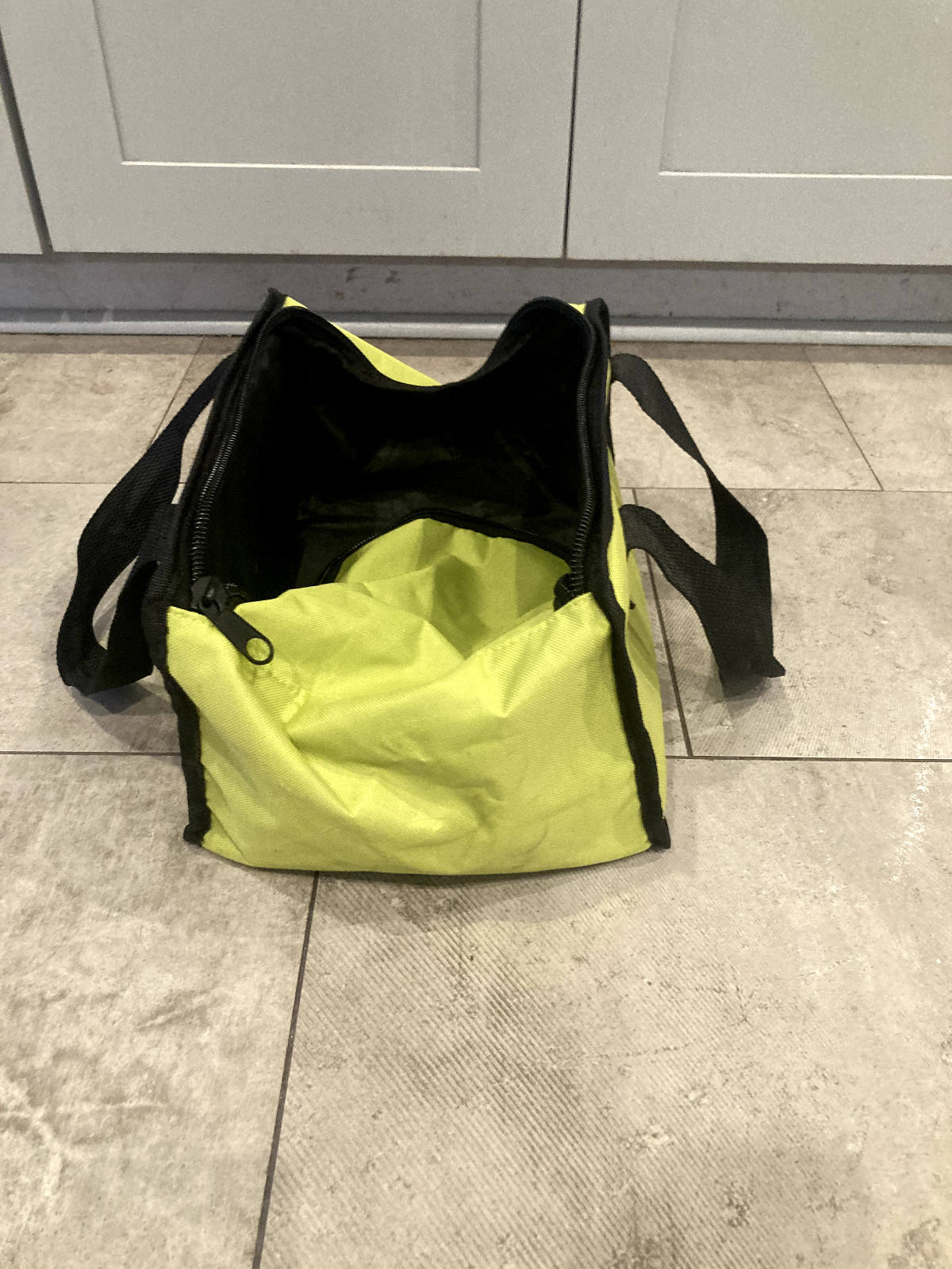 RYOBI Yellow-Green Tool Bag with Black Straps and Zipper Opening on Top 12×9.5in