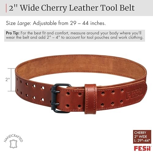 Men’s Leather Tool Belt – Handcrafted Top Grain Leather Cherry – 2″ Wide – L