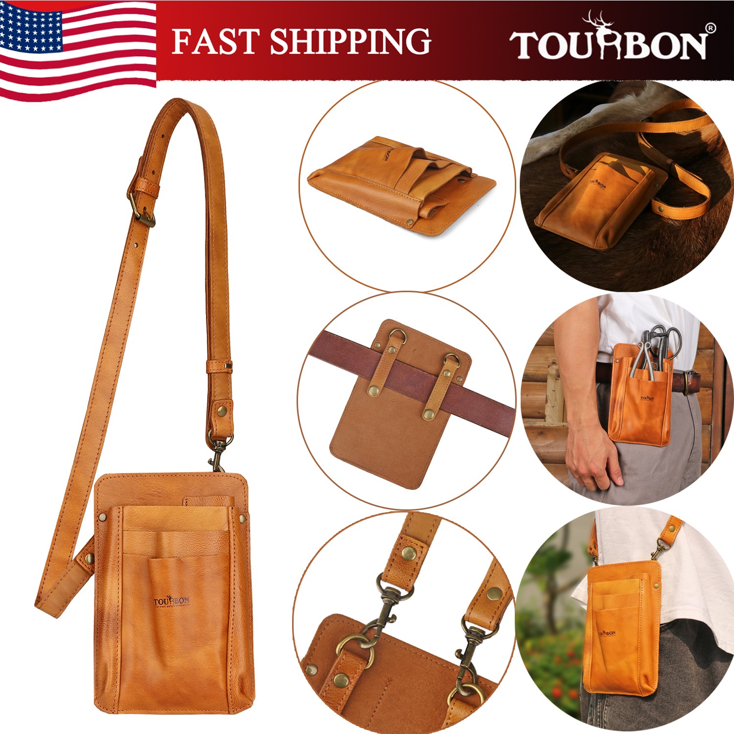 TOURBON Leather Garden Tools Organizer Belt Pouch Florists Crossbody Bag Women