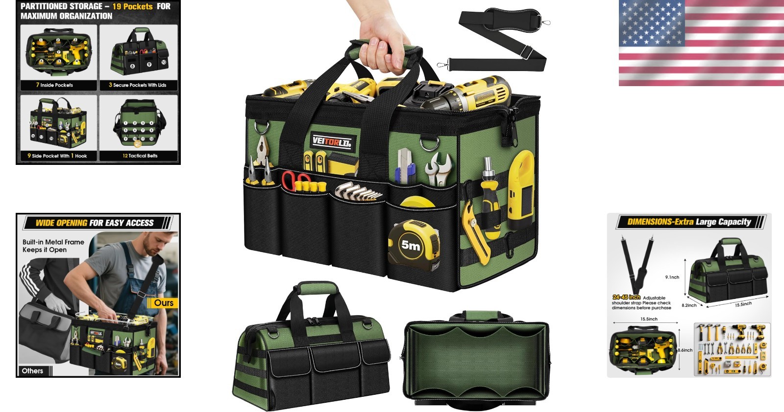 16-Inch Heavy-Duty Tool Bag – 19 Pocket Organizer in Deep Green for Efficiency