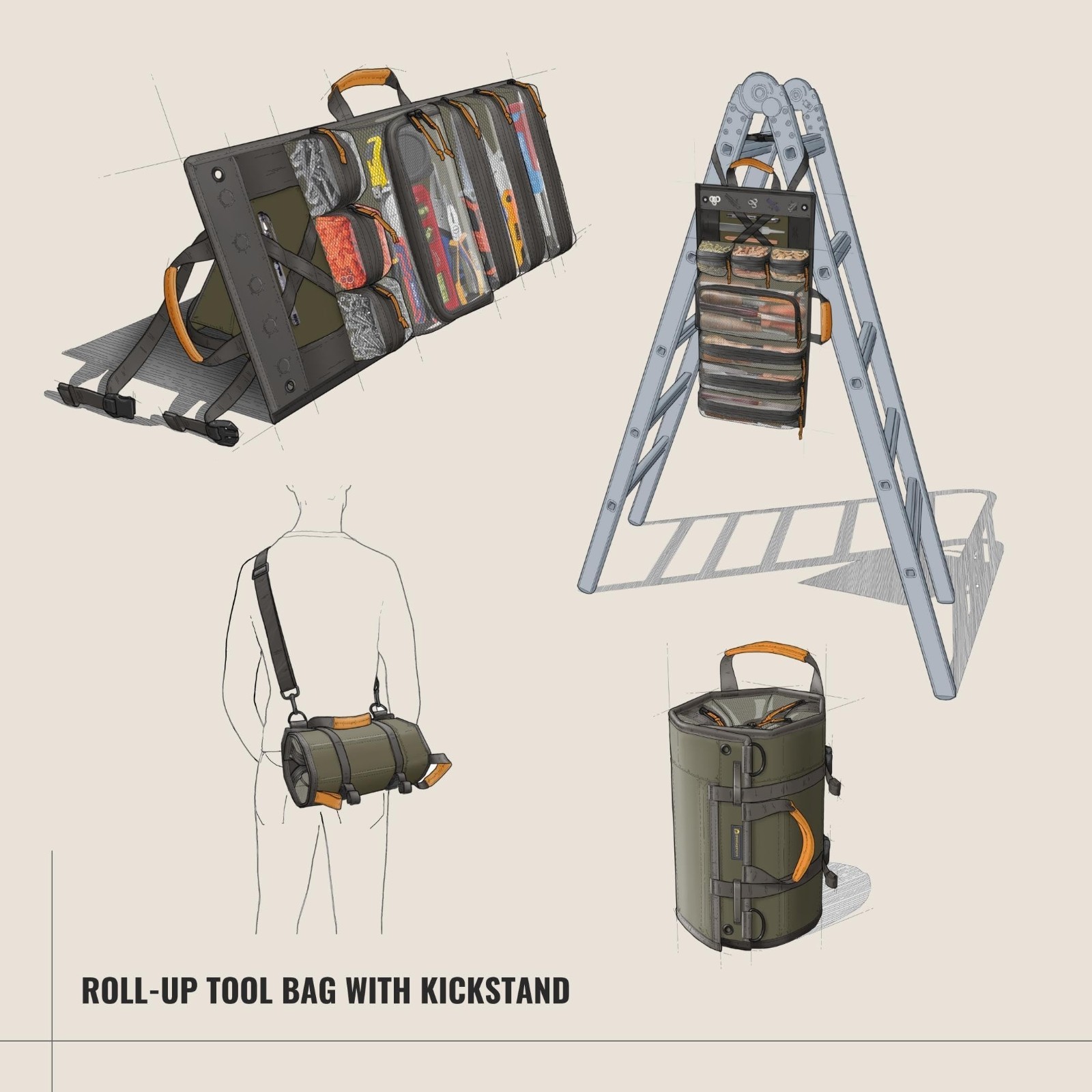 Heavy Duty Roll Up Tool Bag Organizer – 7 Pockets, Kickstand, Magnetic & Elastic