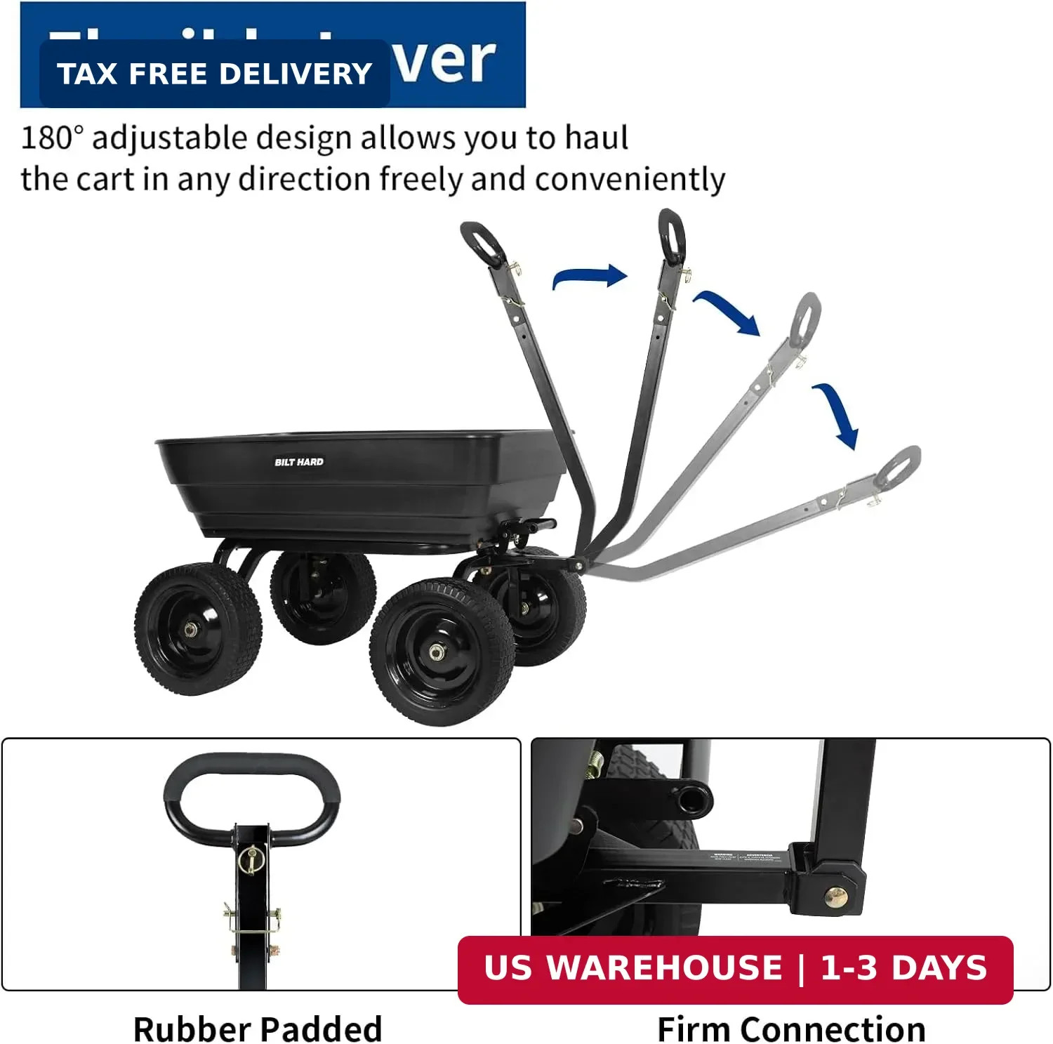 BILT HARD Poly Garden Dump Cart 1200 lbs with No Flat Tires, Quick Release, 2-in