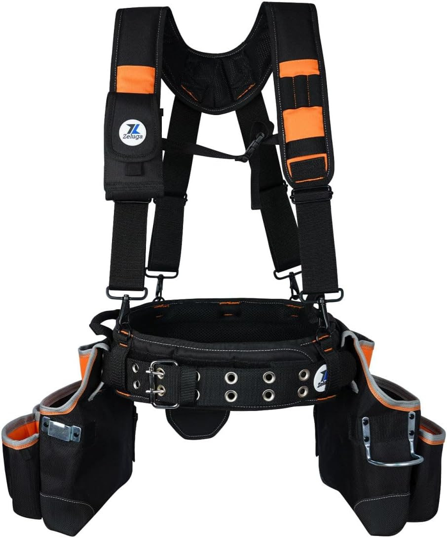 20-216 Multiple Large Pockets Tool Belts for Men with Suspenders, 4″ Padded Tool