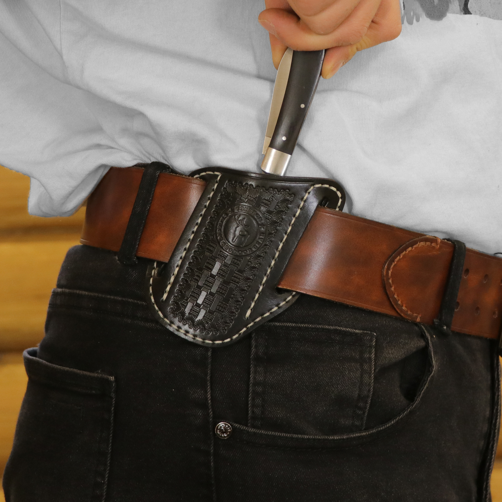 TOURBON Black Leather Folding Knife Sheath Belt Carry Pouch Pocket Holder