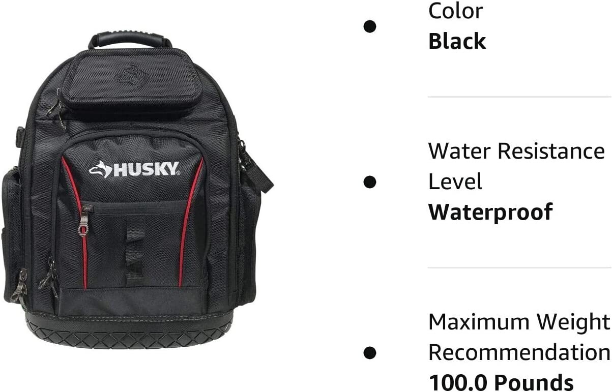 Husky 16 Inches Pro Tool Backpack Waterproof Molded Base and Rugged 36 Pockets