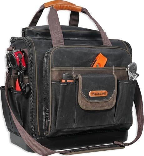 WELKINLAND 54-Pocket Electrician Tool Bag Waterproof Waxed Canvas Hard Bottom