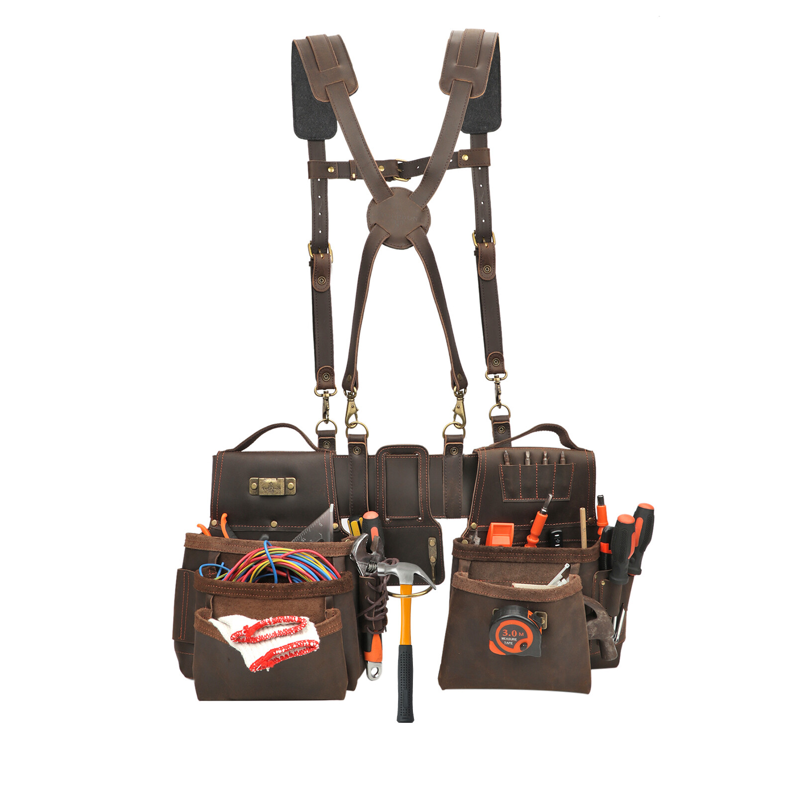 TOURBON Leather Tool Pocket Framer Rig Belt/Pouch/Bag Carpenter Suspenders Combo