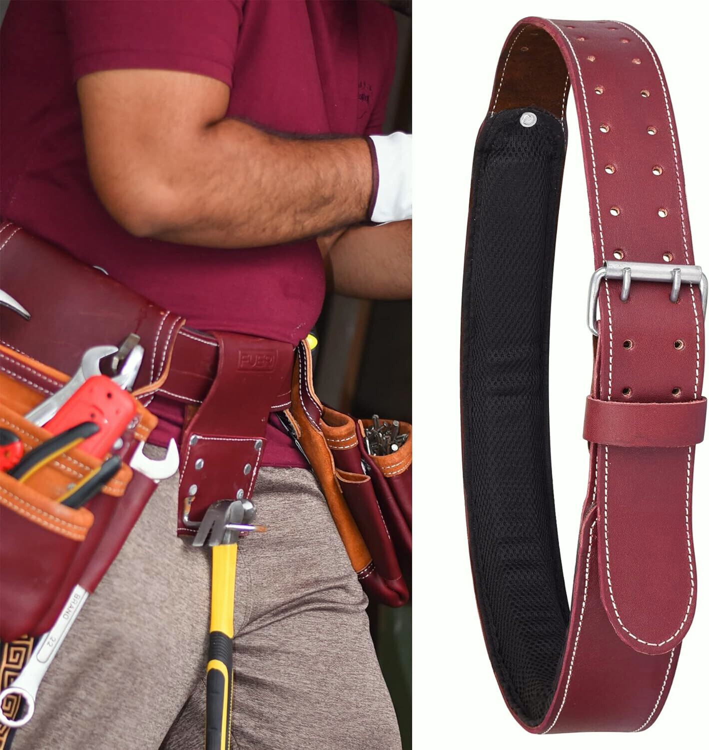 FUERI Leather Tool Work belt for men 2.5″ Foam Padded Thick Tool Pouch Belts