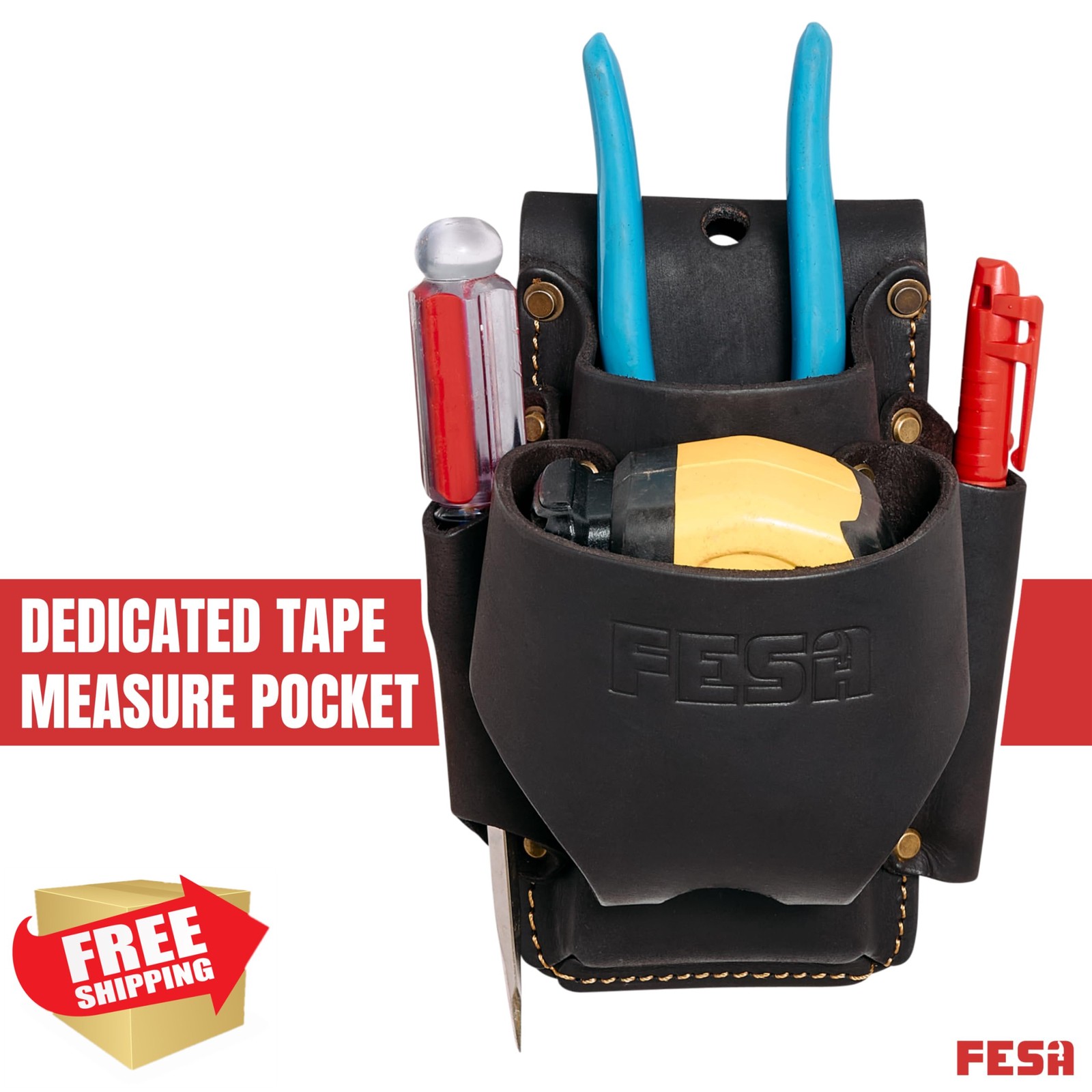 FESA Small Leather Tool Pouch, 4-in-1, Tape Holder, Fits 3″ Belt