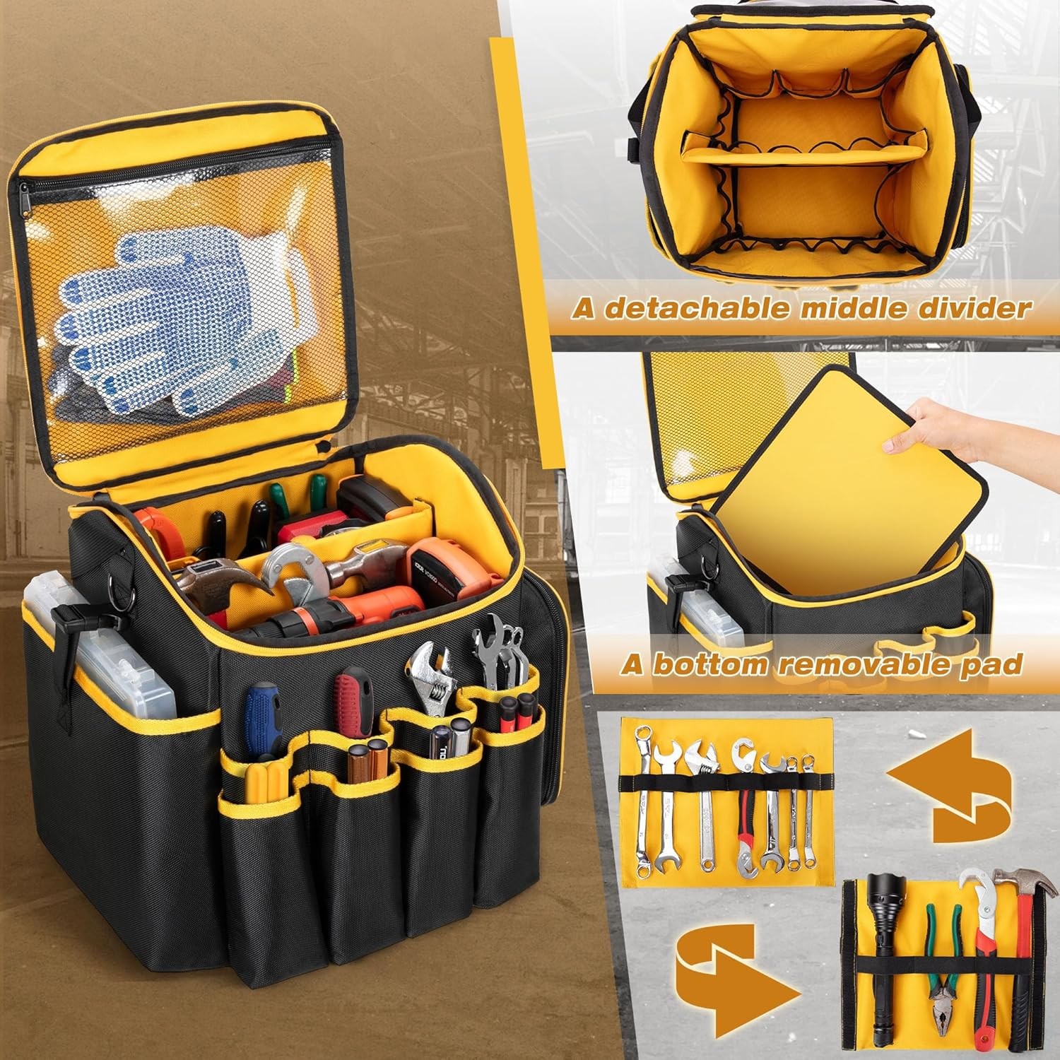 Tool Bag with a Detachable Divider and Shoulder Strap, Heavy Duty Tool Tote
