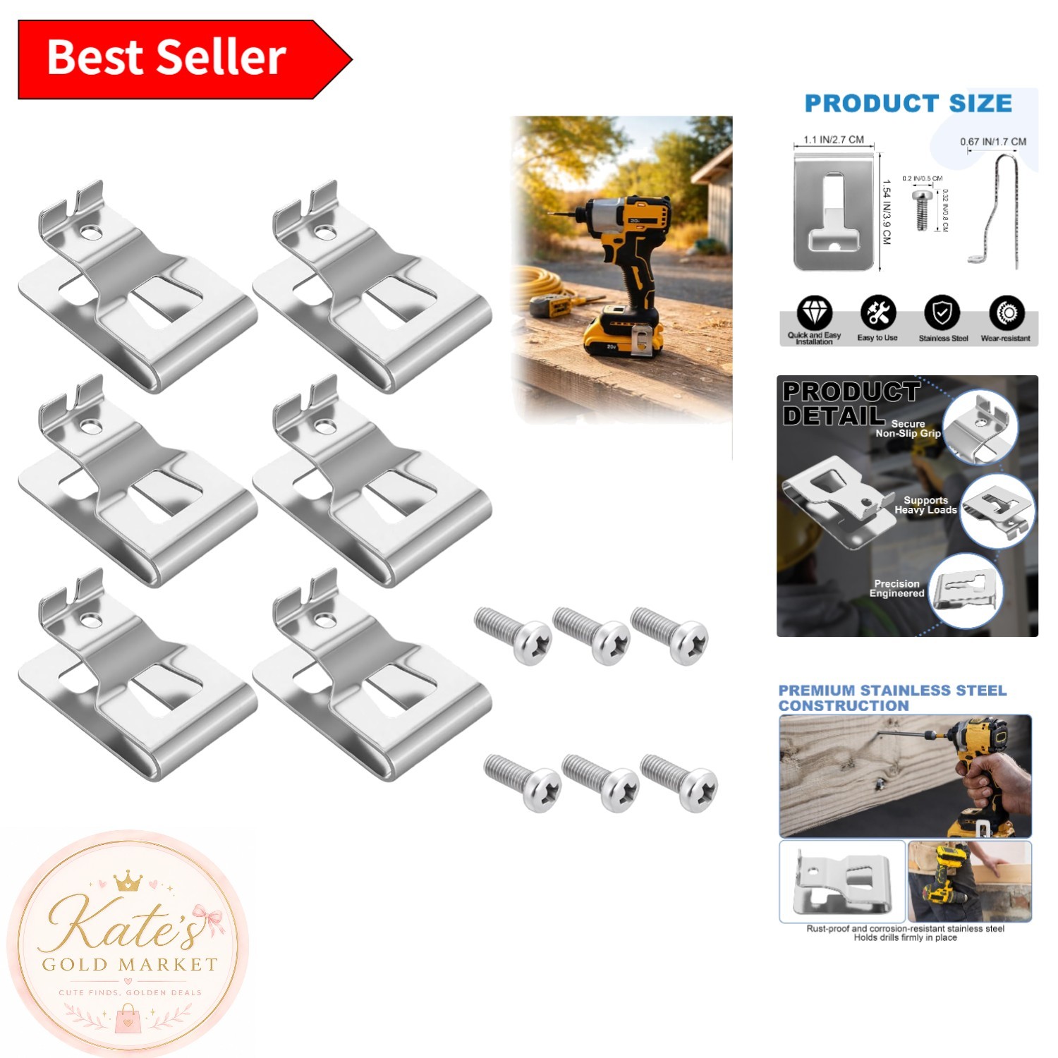 Durable Stainless Steel Drill Clips Compatible with 20V DeWALT Tools – 6 Pack