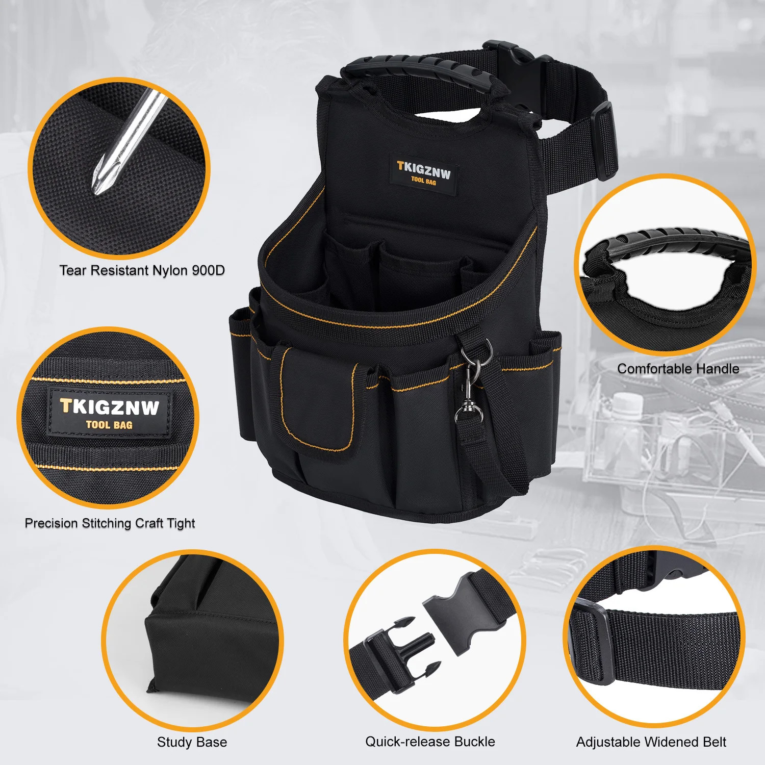 Tool Belt Pouch, Black Nylon with 18 Pockets, Black and Yellow, Storage for Elec