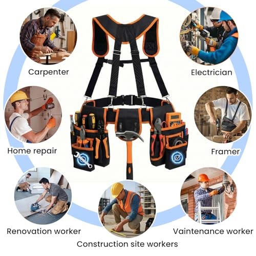 Tool Belt with Suspenders, 18-Pocket Combo Harness System with Orange-black