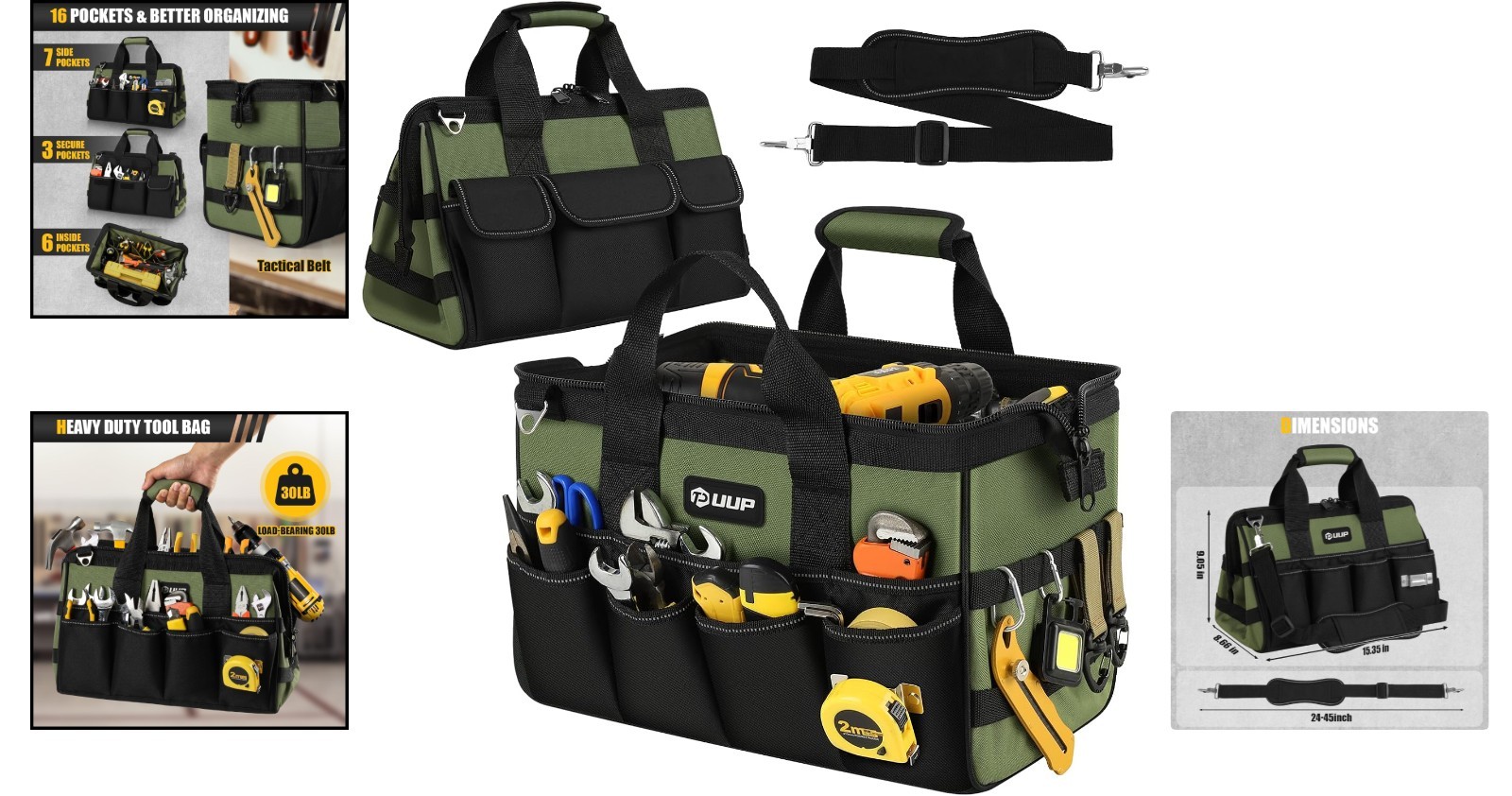 Versatile 15-Inch Tool Bag with 16 Compartments and Heavy-Duty Zipper – Green