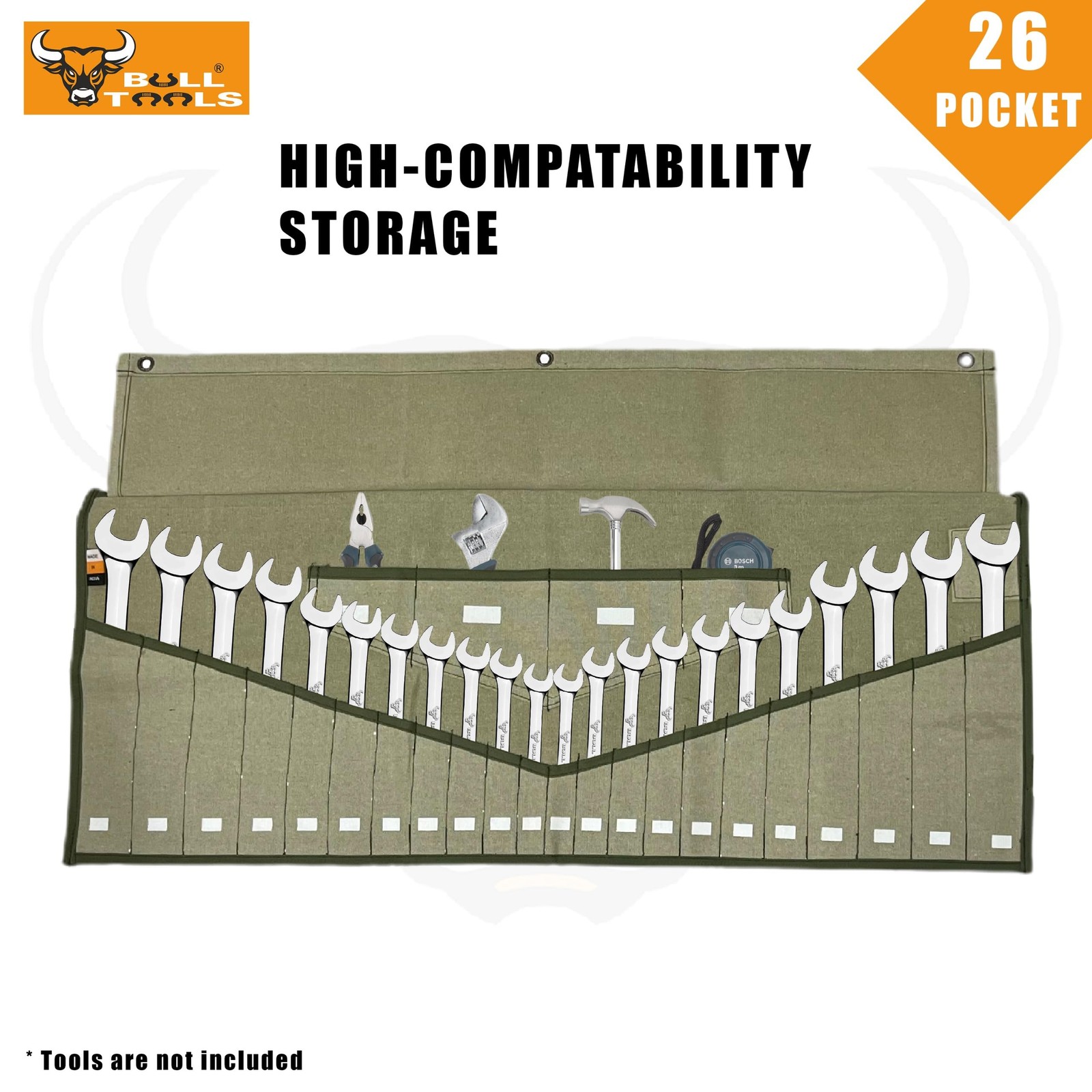 BULL TOOLS Wrench Roll, 26 Pocket Tool Pouch, Tool Bag Wrench Organizer Metri…