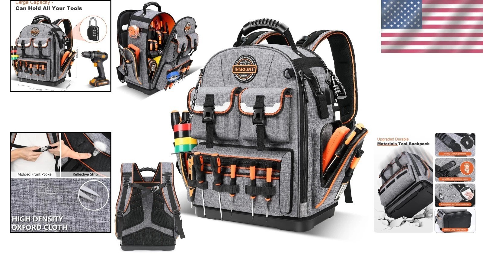 Professional Tool Backpack: Gray, 1680D Ballistic, Laptop Compartment